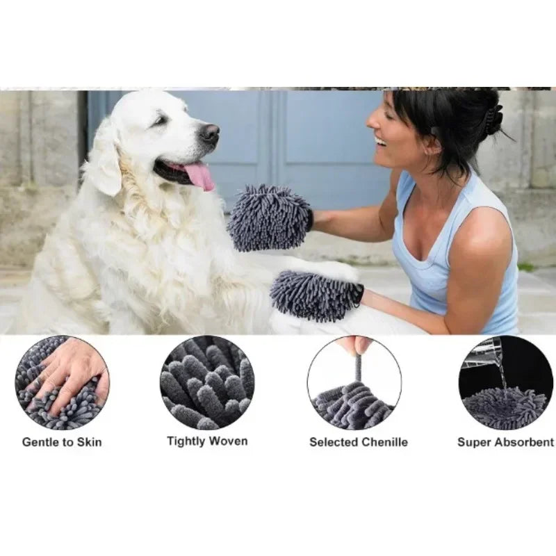 Pet Grooming Glove Quick Drying l Chenille Microfiber Double Sided Dogs Grooming Mitt