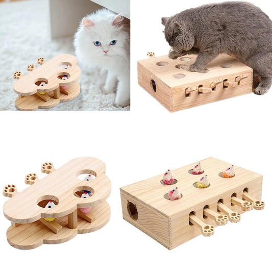 Cats 3/5-Holed Whack A Mole Game Cat Pop Up Funny Wooden Hunting Toy Box Interactive for Indoor Cats