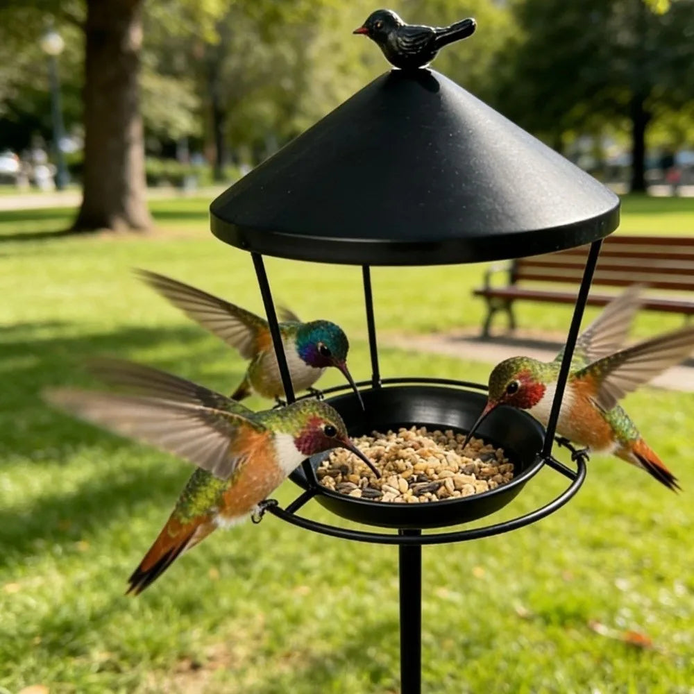 Weatherproof Standing Bird Feeder Spill Guard Large Capacity Wild Bird Feeding Station Anti-Waste Iron Birdbath Stand Courtyard