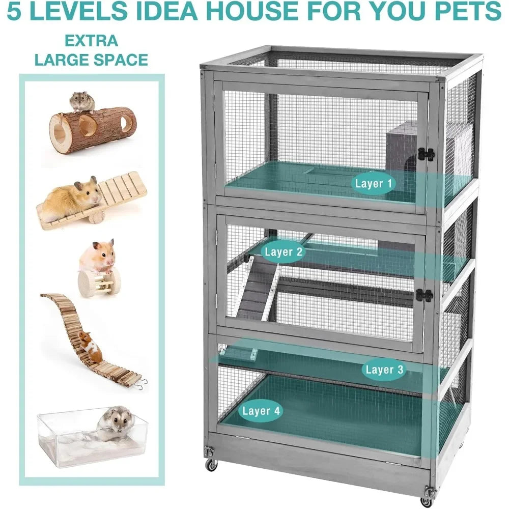 Large Guinea Pig Cage, Wooden Ferret Cage with Wheels, Chinchilla Cage Upgrade Metal Frame Rat Cage for Indoor Outdoor