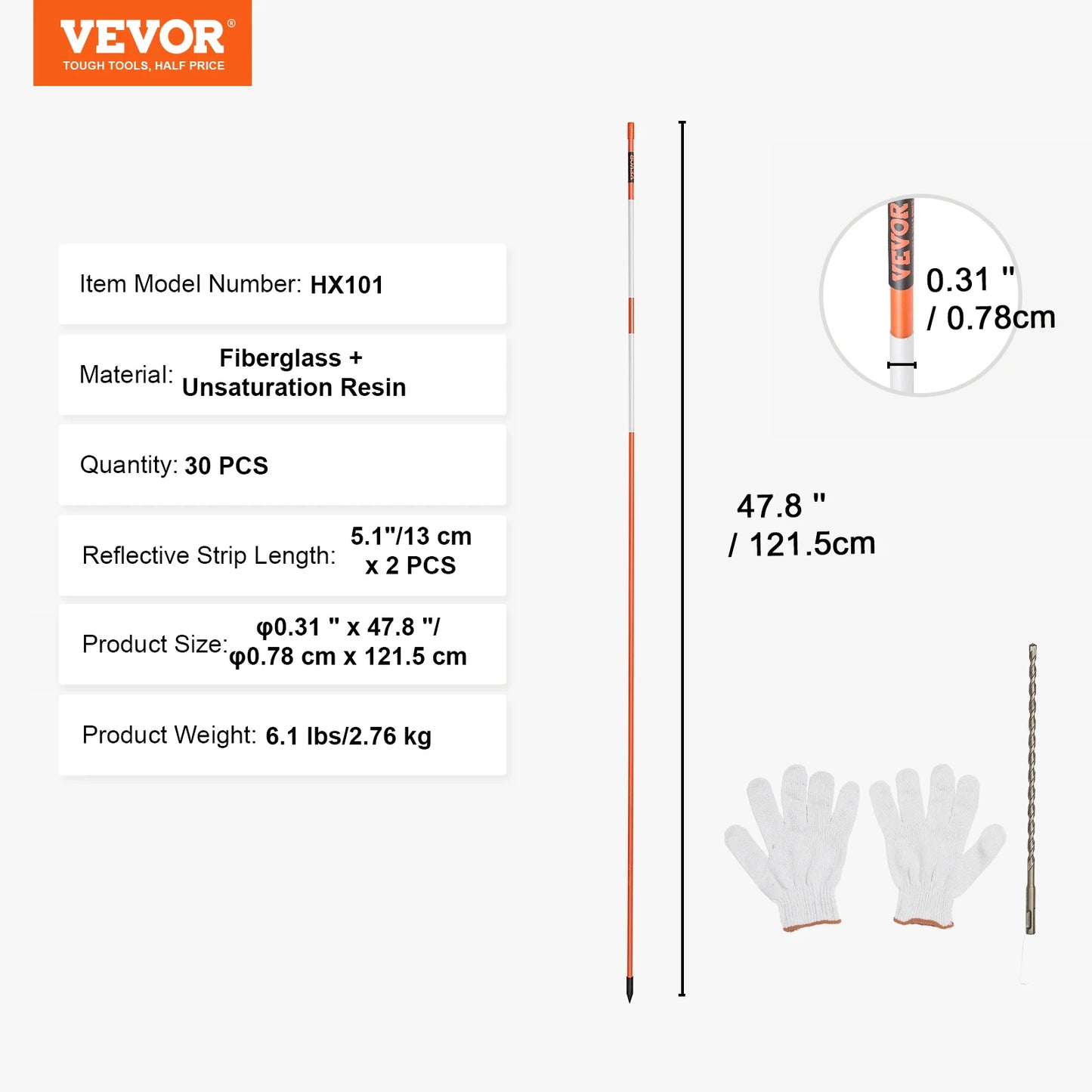 VEVOR Driveway Markers Orange Fiberglass Reflective Poles Easy Visibility Snow Stakes Safety Stand Poles for Parking Lots Walkway