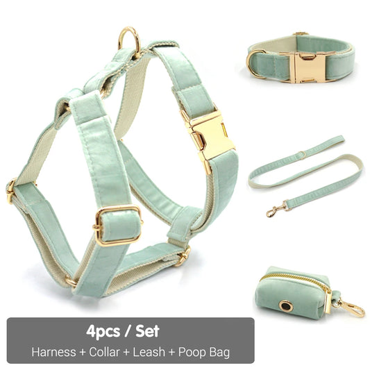 Green Tea Velvet Free Custom Dog Harness Soft Luxury Designer Dog Collar for Small Dogs Personalized Bowtie Collar Lead Poop Bag