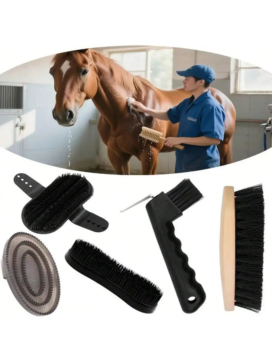 5-Piece Horse Grooming Kit Complete Stable Care Set - Plastic Curry Comb Body Brush Hoof Pick And More for Horses Ponies