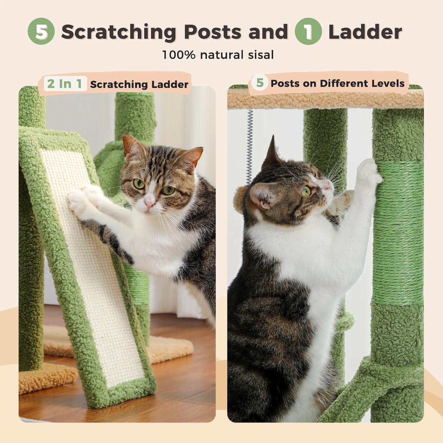 Floor to Ceiling Cat Tree for Indoor, Adjustable Height Tall Cat Tower with Sisal Scratching Post, Cozy Condo Hammock, Cat Toys