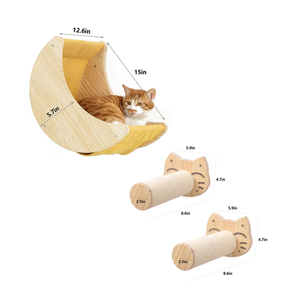 Cat Shelf Wall Hammock Climbing Shelves Moon Shaped And Perches Ladder Solid Wood Steps For Activity Indoor Cats Wall Furniture