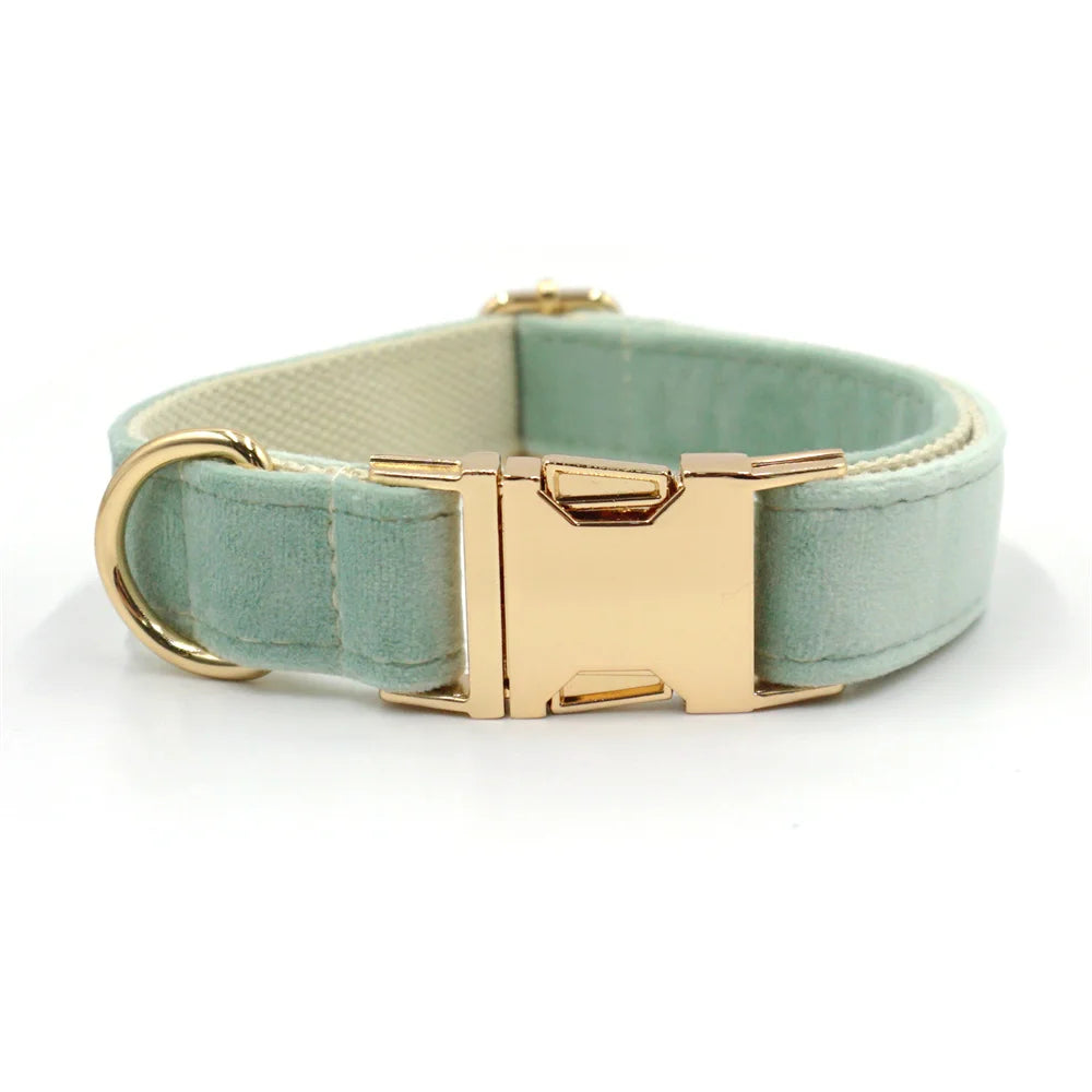 Green Tea Velvet Free Custom Dog Harness Soft Luxury Designer Dog Collar Personalized Bowtie Collar Lead Poop Bag