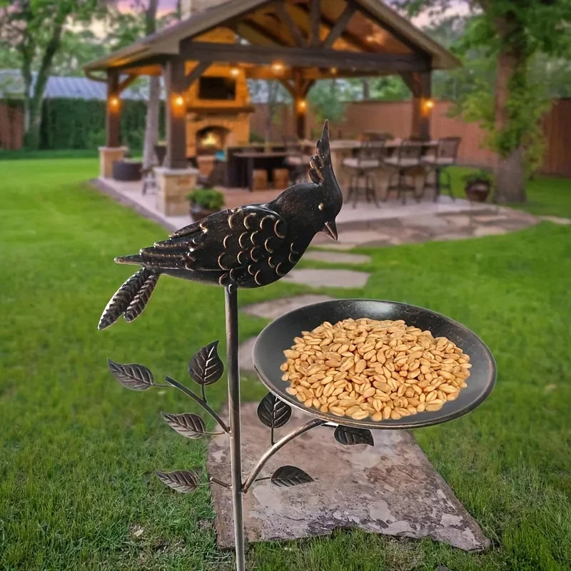Metal Oriole Bird Feeder Stake, Waterproof Outdoor Bird Bath For Backyard Garden Lawn, Ground Feeders, Deep Antique Copper