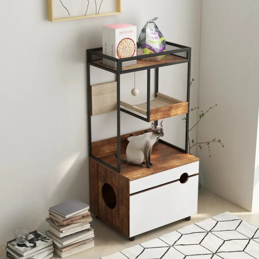 Cat Litter Box Enclosure with Cat Tree Cat Furniture Cabinet
