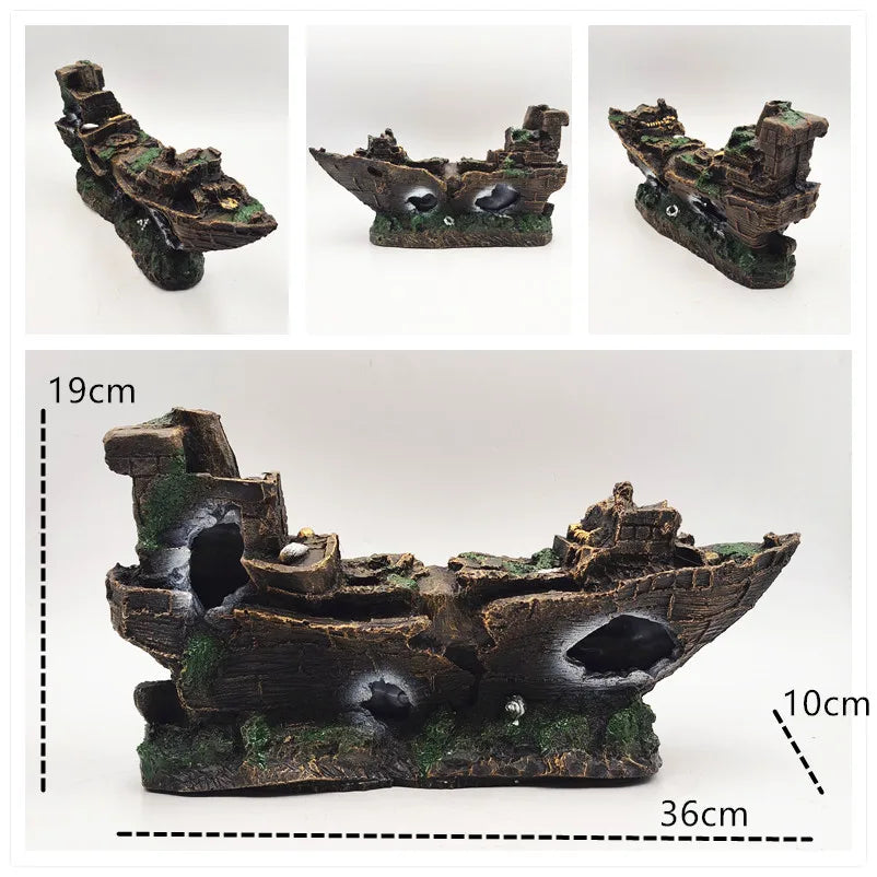 Aquarium Decor Fish Tank Resin Shipwreck Decoration Pirate Treasure Ship Fishing Net Ornament Accessories Statue For Fishes Hide