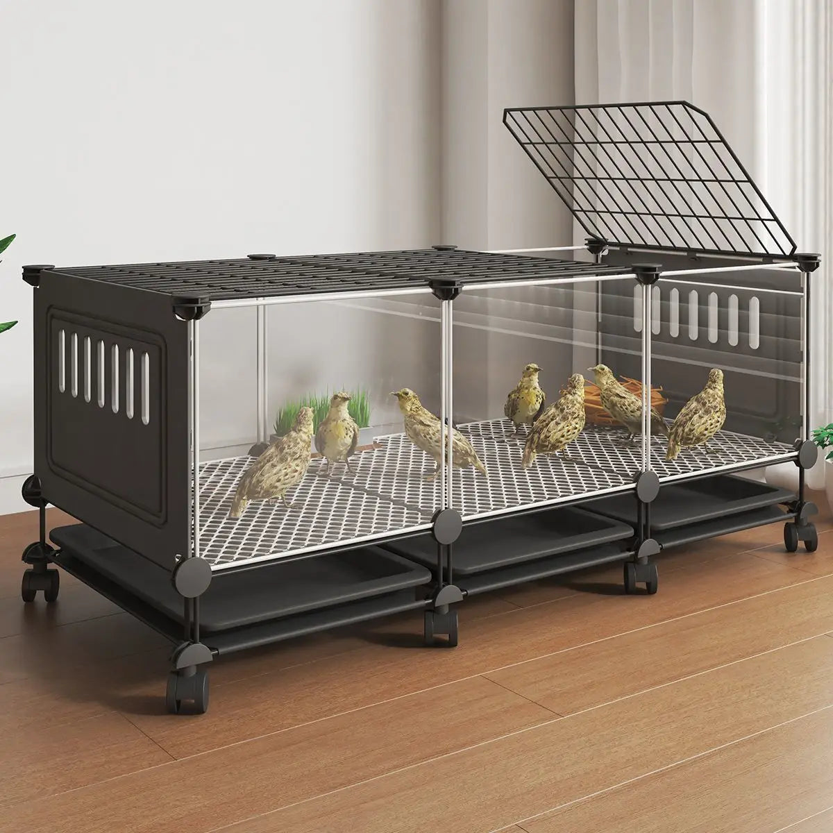 Premium Quail Cage with Pulley Droppings Tray - Indoor Large Chicken Coop Protecting Chicks Feet Mesh Predator Proof Secure Run