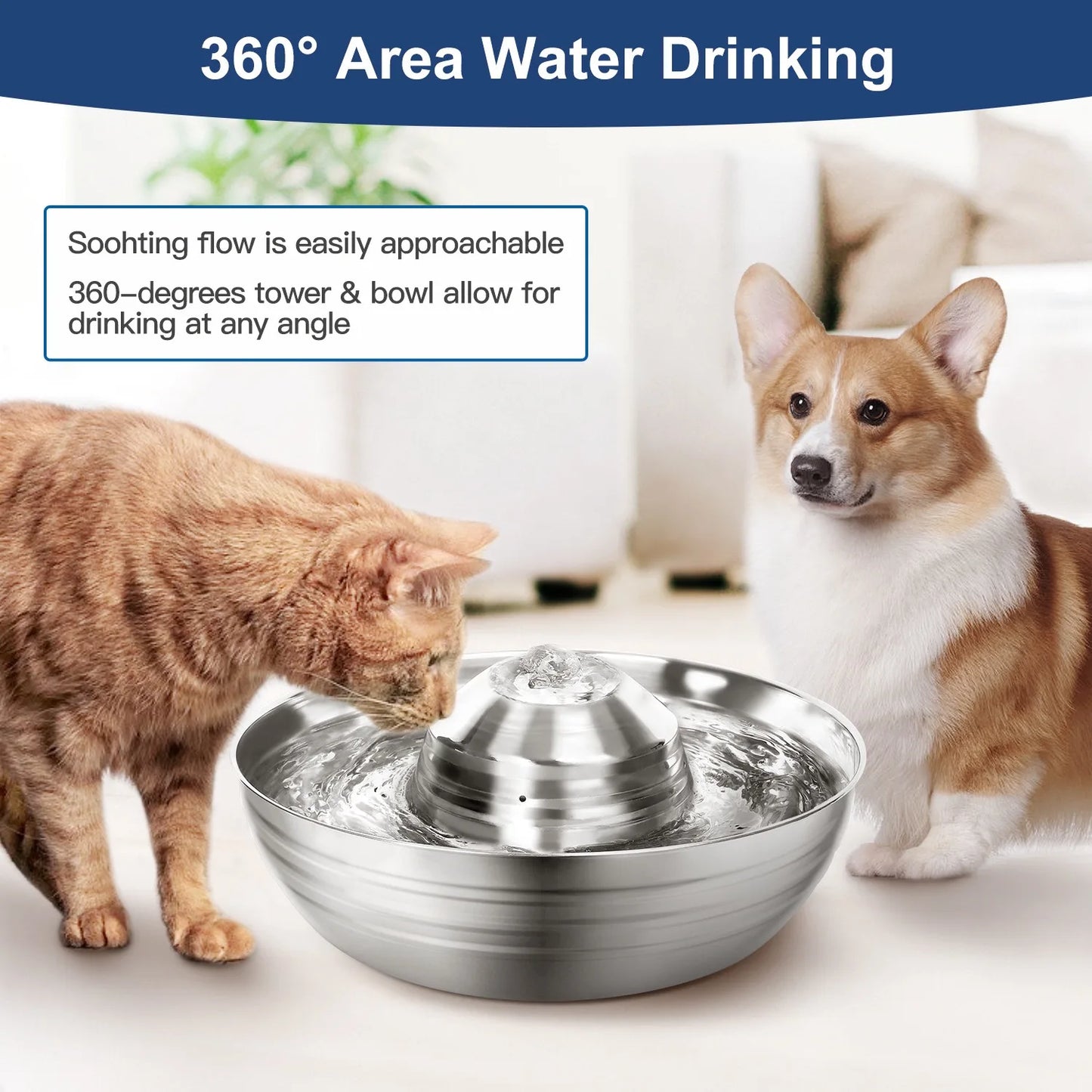 2L Ultra-Quiet Automatic Fountains Dog Stainless Steel Pet Fountains Water Dispenser Quiet Pump Water Fountain for Cat Dog