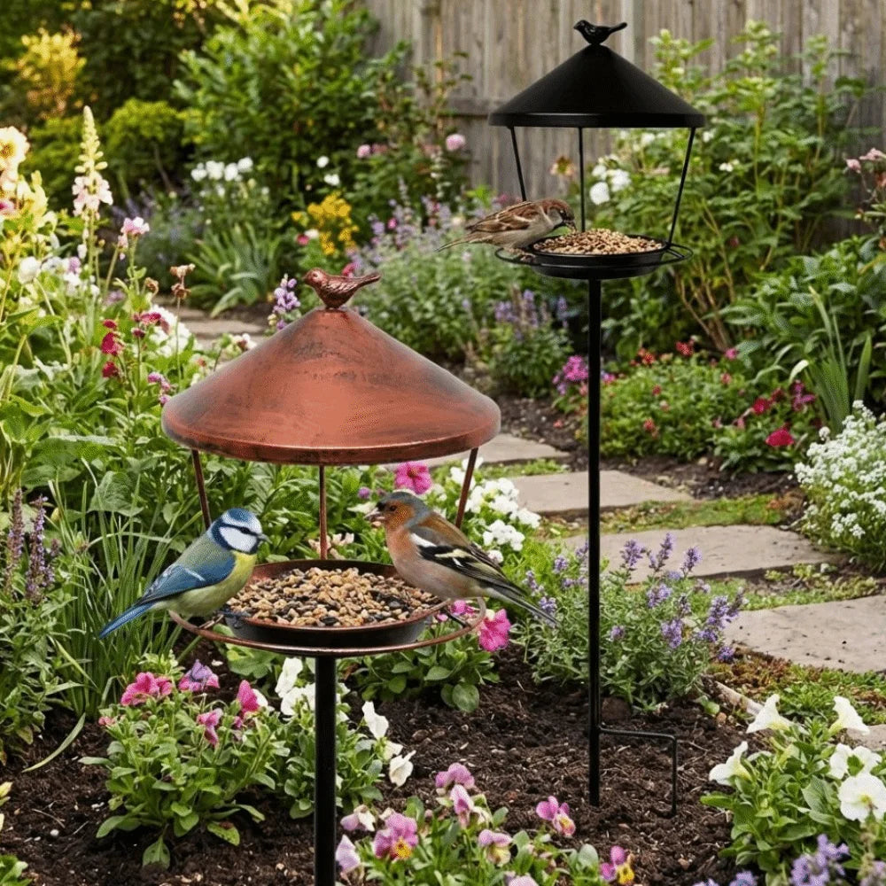 Weatherproof Standing Bird Feeder Spill Guard Large Capacity Wild Bird Feeding Station Anti-Waste Iron Birdbath Stand Courtyard
