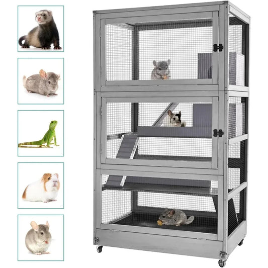 Large Guinea Pig Cage, Wooden Ferret Cage with Wheels, Chinchilla Cage Upgrade Metal Frame Rat Cage for Indoor Outdoor