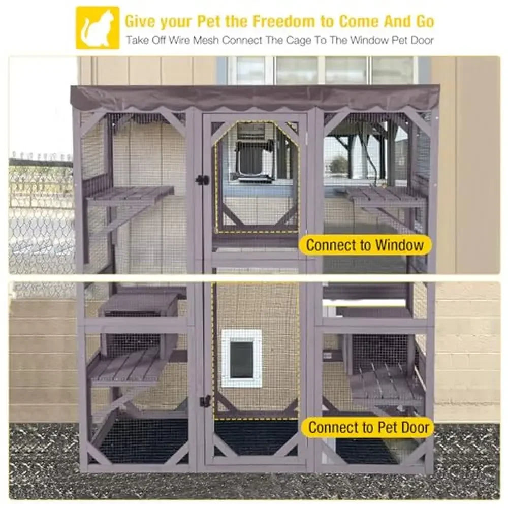 Large Walk-in Cat Enclosure Cage with Platforms and Sleeping Houses Multiple Cats Outdoor Cat House with Waterproof Roof Cover