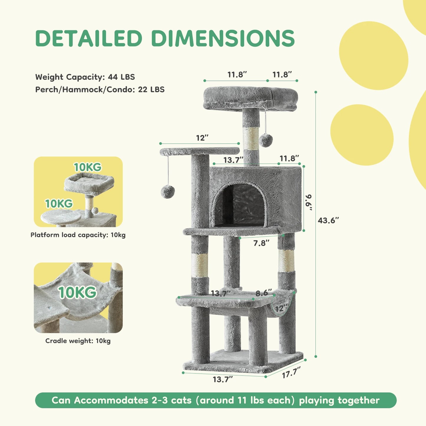 JHK 44In Cat Tree Tall Multi-Cat Climbing Tower for Pet Furniture Natural Sisal Scratching Posts Stable Pet House  for Indoor Cat