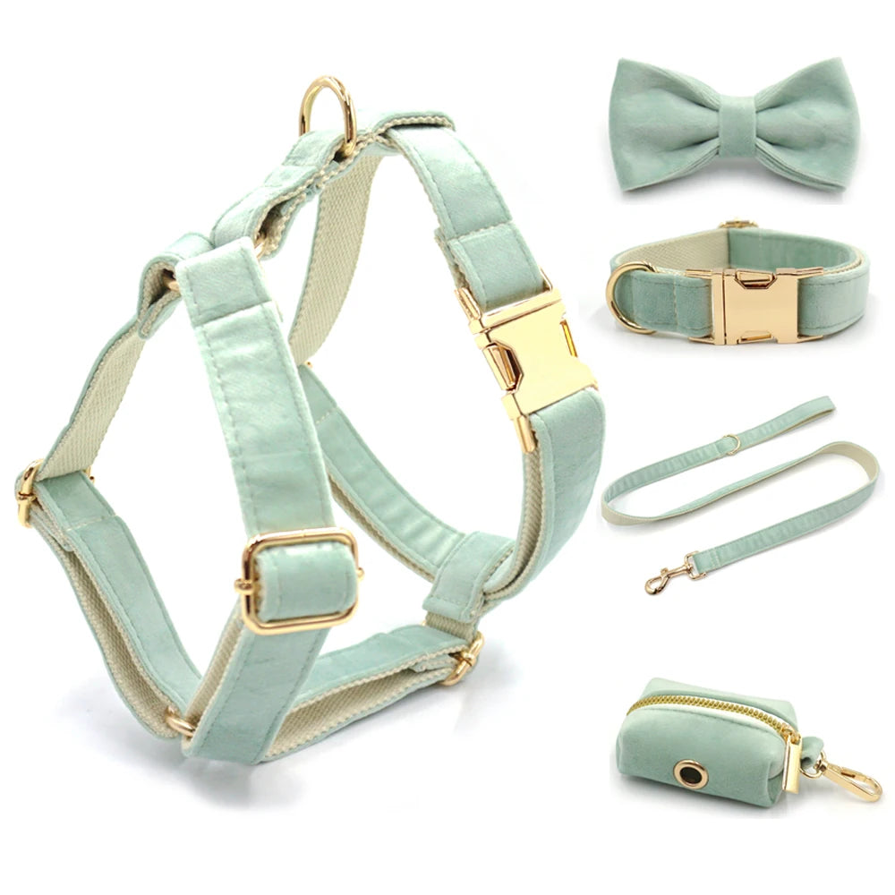 Green Tea Velvet Free Custom Dog Harness Soft Luxury Designer Dog Collar for Small Dogs Personalized Bowtie Collar Lead Poop Bag