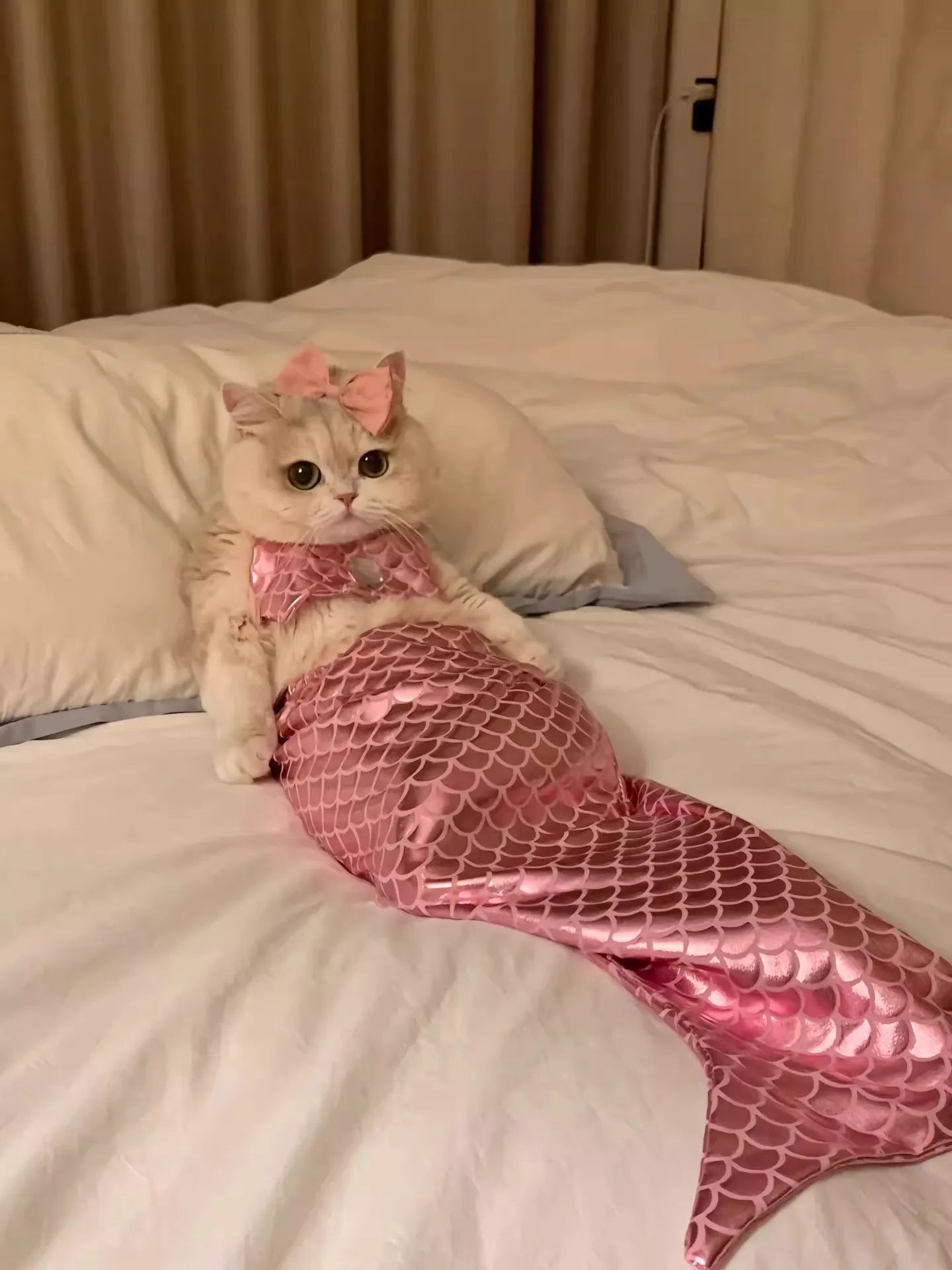 Decorative Cat Mermaid Polyester with Bow Headband Pet Fishtail Swimsuit  Soft Pet Cosplay Costume