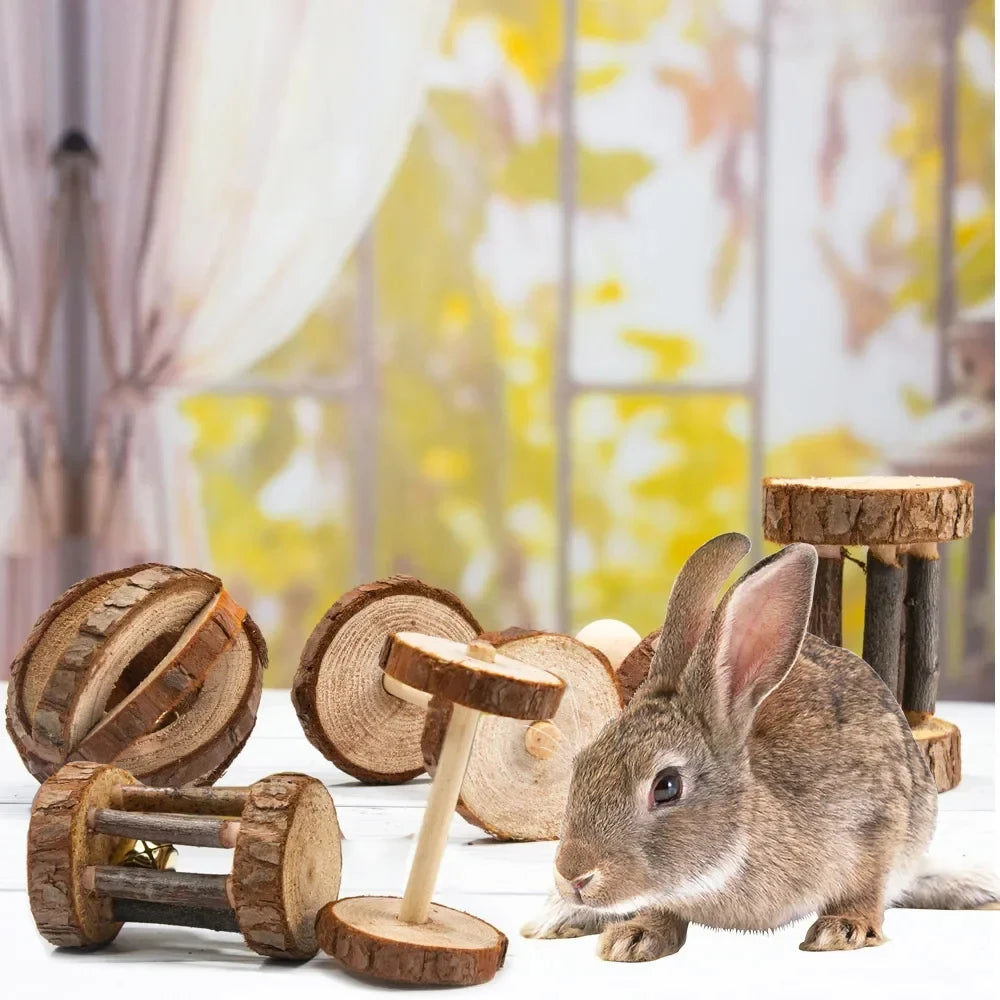 Guinea Pig Rabbit Hamster Small Animal Play Pet Roller Toys Natural Wooden Pine Dumbbells Unicycle Bell Chew Chewing Braided Ball