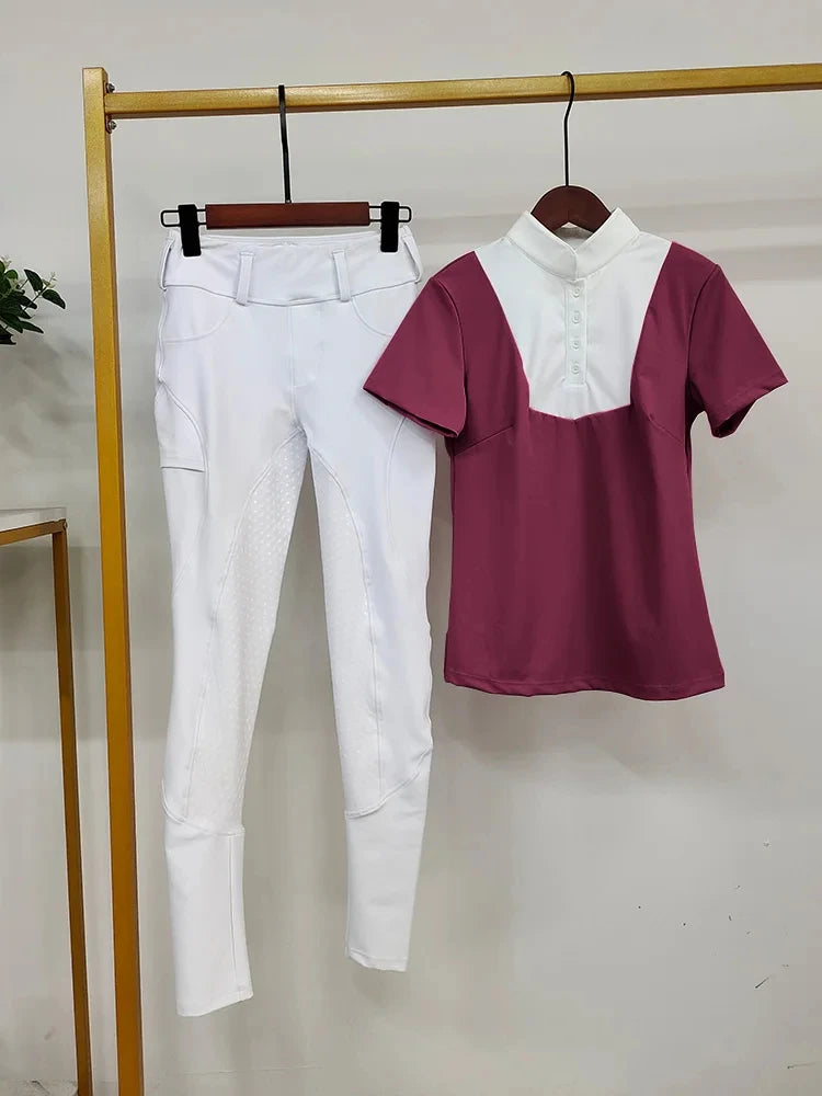 MXLLINA Women Equestrian Clothes Set Horse Riding Long Sleeve T-shirts And Pants Sports Suit Competition Training Riding Wear