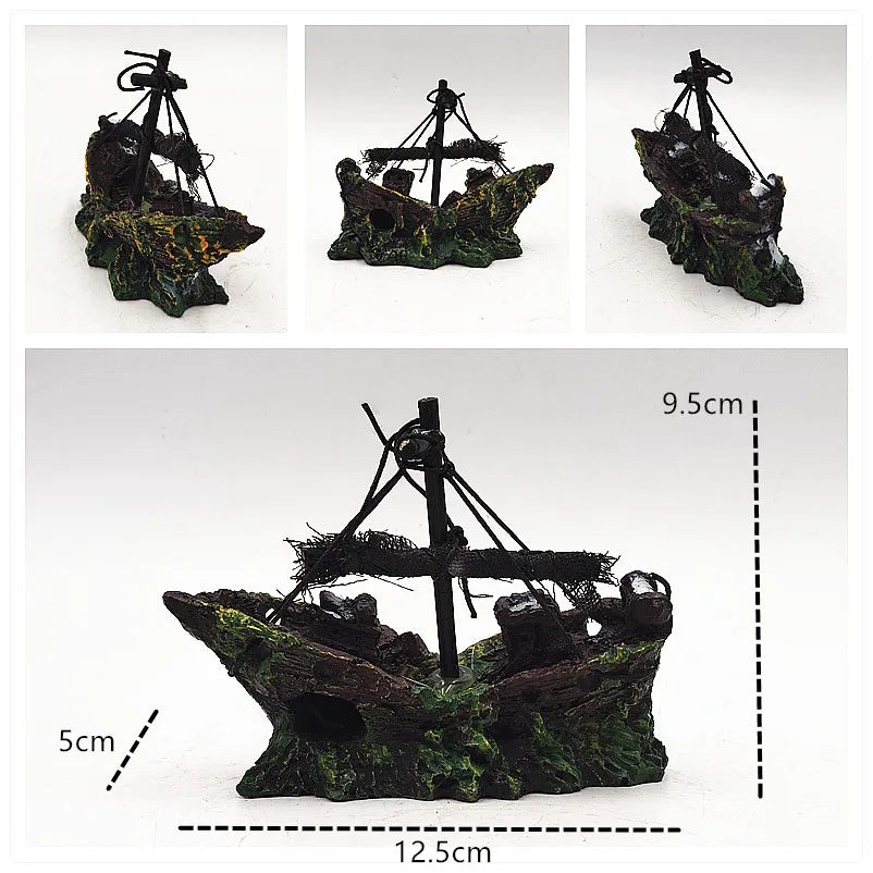 Aquarium Decor Fish Tank Resin Shipwreck Decoration Pirate Treasure Ship Fishing Net Ornament Accessories Statue For Fishes Hide