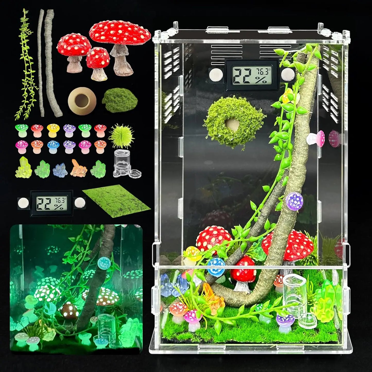 Jumping Spider Enclosure DIY Jumping Spider Insects Habitat with Temperature and Humidity Detector Water Feeder Platform Hide