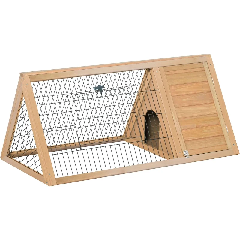 PawHut 46" x 24" Wooden A-Frame Outdoor Rabbit Hutch, Small Animal Cage, Bunny Hutch with Outside Run & Ventilating Wire, Yellow