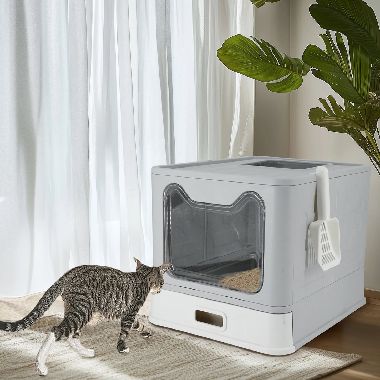 Bingopaw Stainless Steel Cat Litter Box with Lid Front Entry and Top Exit Toilet Box with Litter Scoop for Kittens, Easy Cleaning