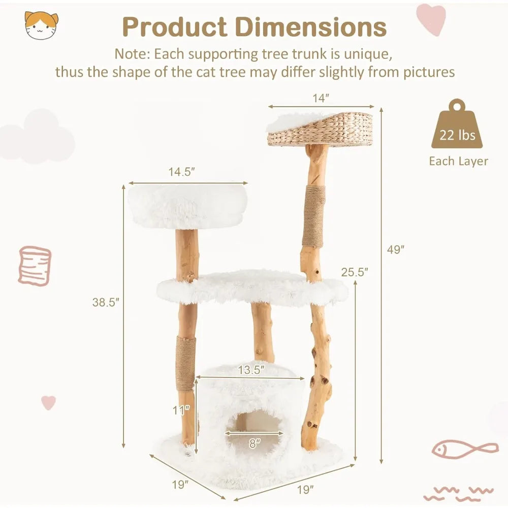 Cat Tree for Indoor Cats, Solid Wood Modern Cats Tower with Top Cattail Basket Cats Bed, Side Perch, Large Platform