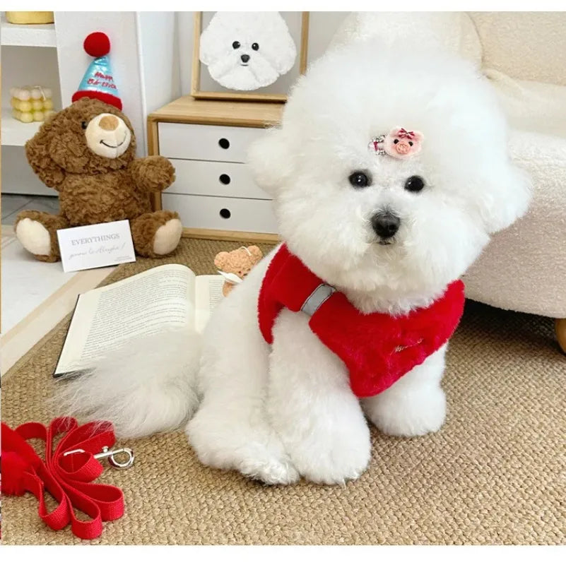 Fashion Pet Rabbit Fur Plush Pet Traction Set Warm Thick Pet Dog Cat Walking Dog Outdoor Teddy Plush Traction Rope Chest Harness