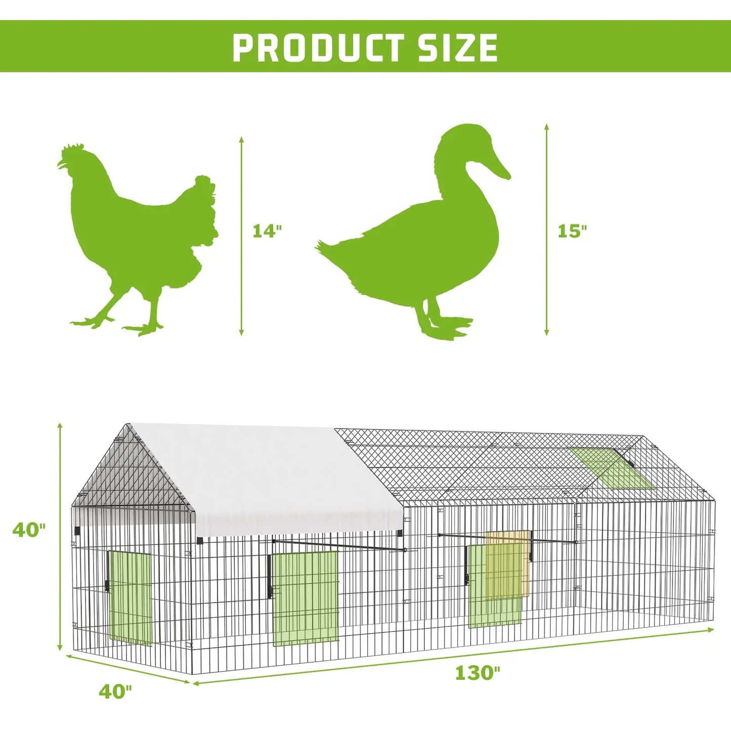 Metal Chicken Coop with Waterproof Cover, Chicken Run Pen for Yard, Outdoor Portable Hen House, Large Animal Cage with 4 Doors