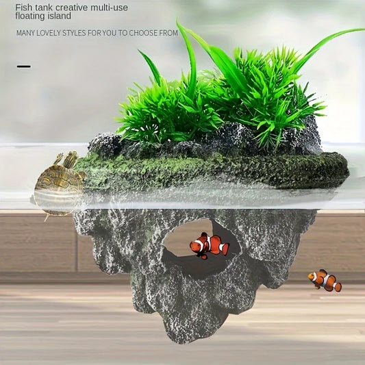 Multi-Use Aquarium Floating Island Décor Rock with Shelter for Fish, Ecological Scenery Rockery for Fish Tank Landscaping