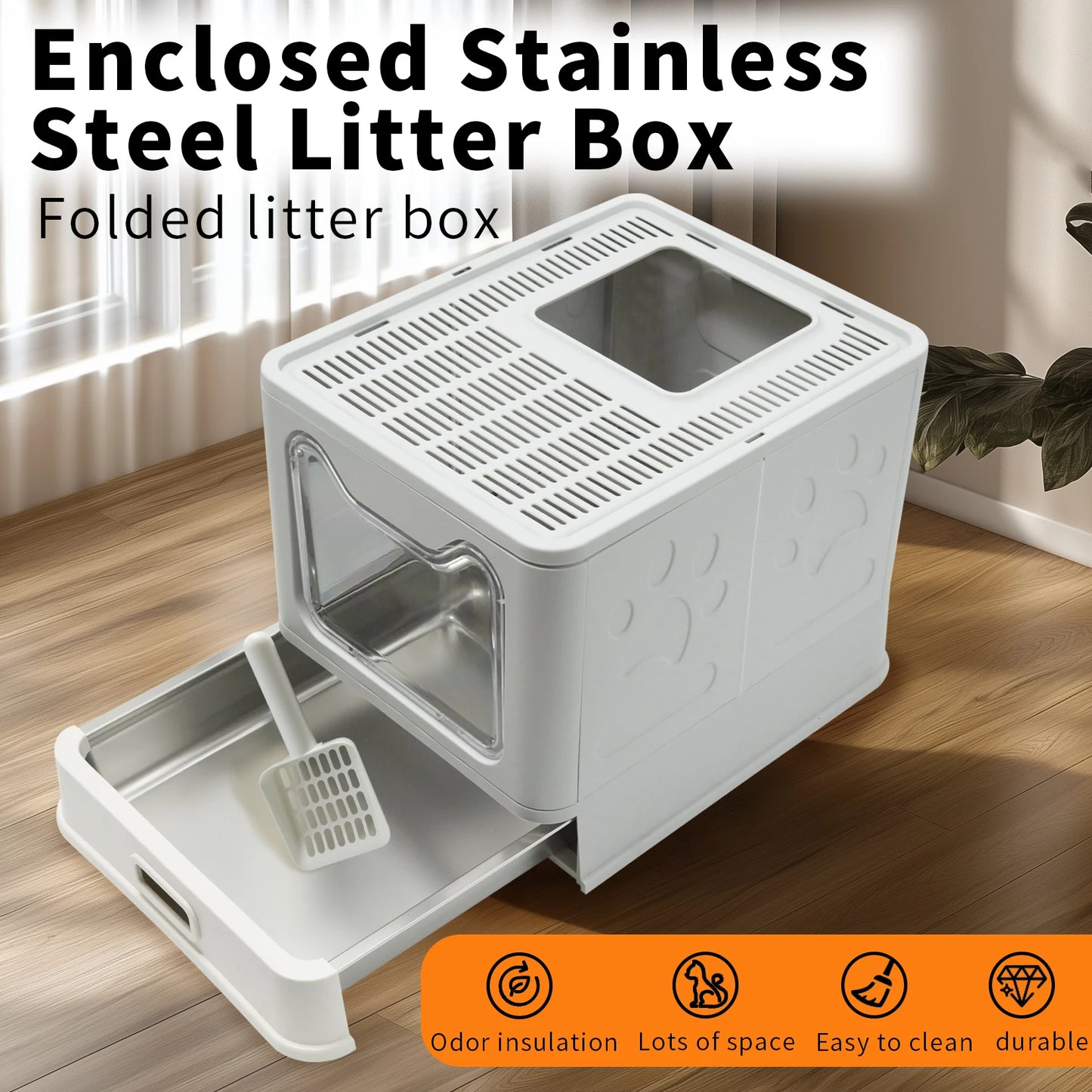 Bingopaw Stainless Steel Cat Litter Box with Lid Front Entry and Top Exit Toilet Box with Litter Scoop for Kittens, Easy Cleaning