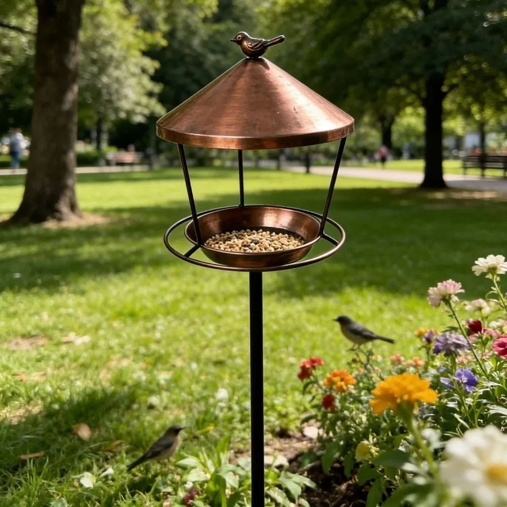 Weatherproof Standing Bird Feeder Spill Guard Large Capacity Wild Bird Feeding Station Anti-Waste Iron Birdbath Stand Courtyard