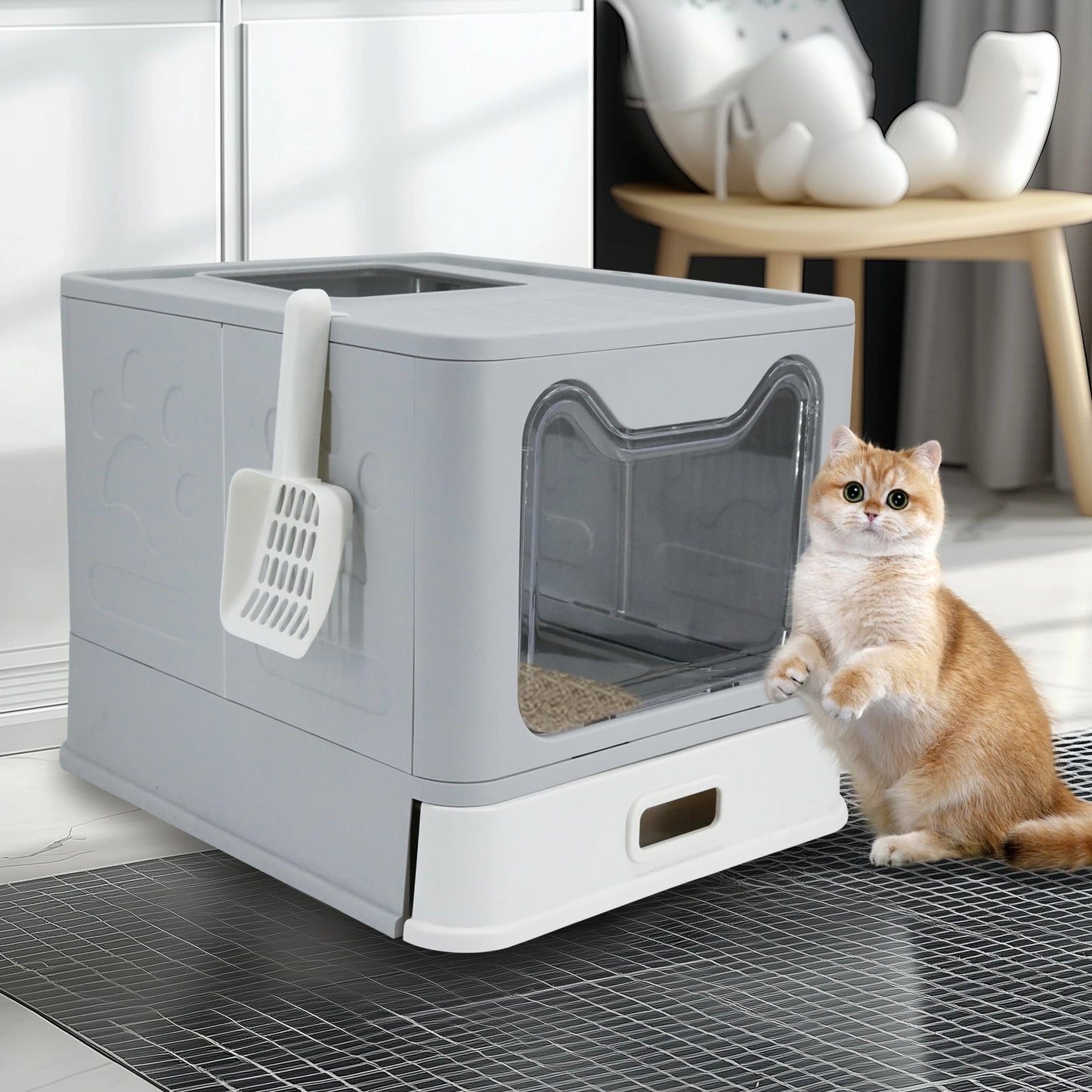Bingopaw Stainless Steel Cat Litter Box with Lid Front Entry and Top Exit Toilet Box with Litter Scoop for Kittens, Easy Cleaning