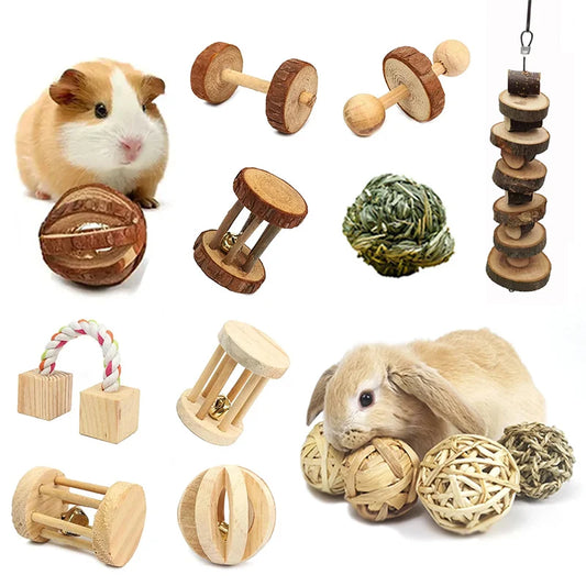 Guinea Pig Rabbit Hamster Small Animal Play Pet Roller Toys Natural Wooden Pine Dumbbells Unicycle Bell Chew Chewing Braided Ball