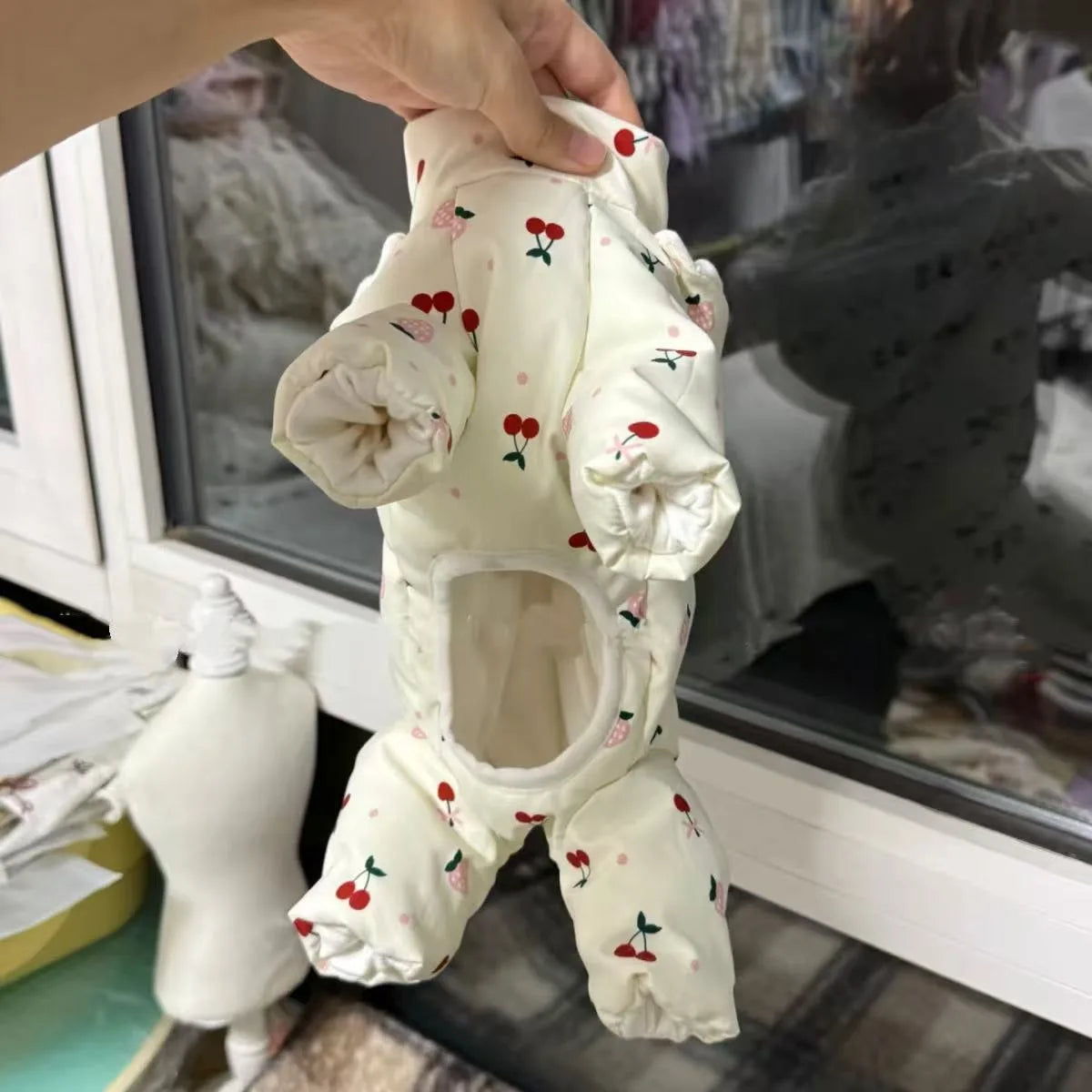 Pet Poodle Four-Legged Cotton Coat Teddy Warm Clothes Schnauzer Cherry Print Down Jacket Dog Winter Thickened Jumpsuits