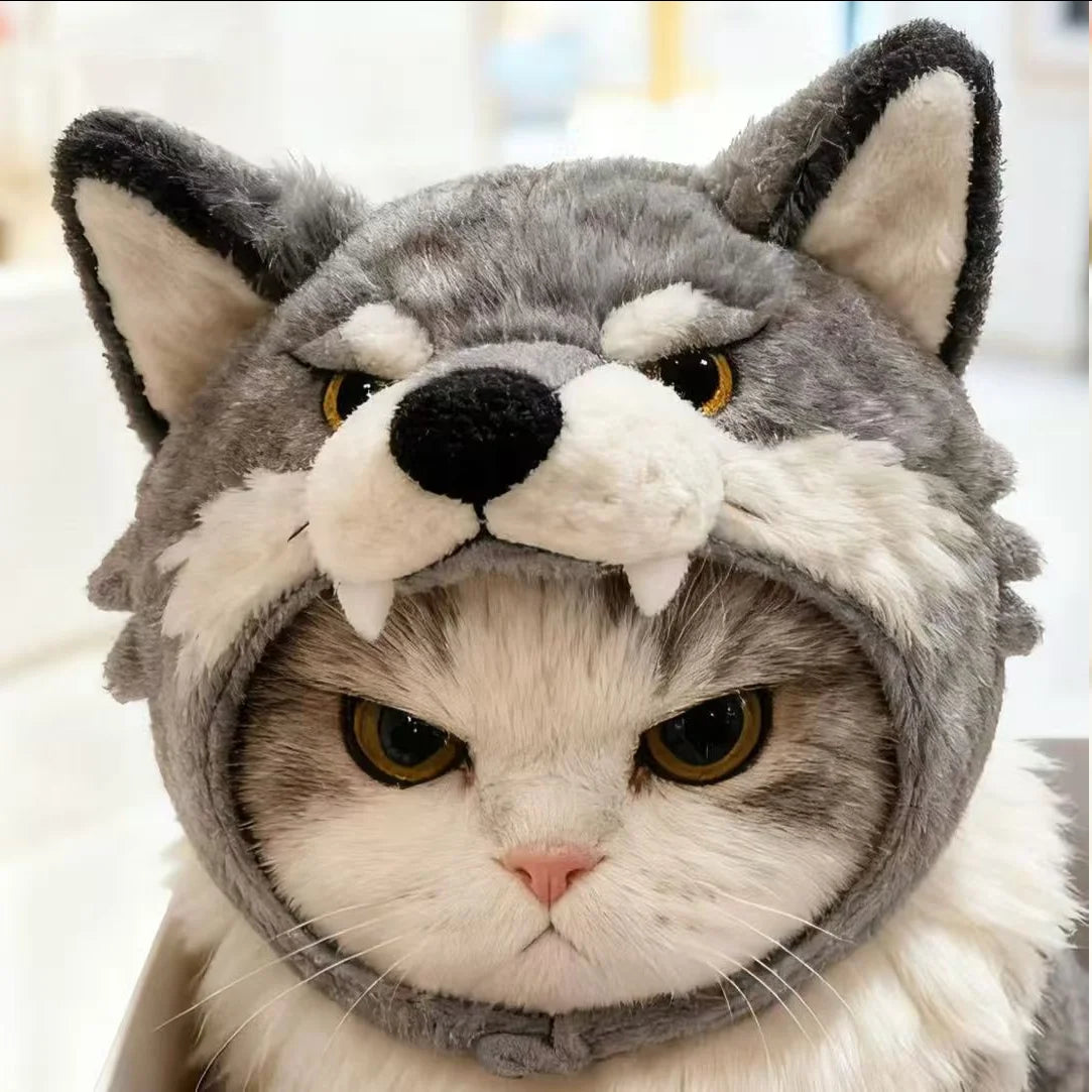 Dog and cat wolf head shape hood cute pet doll hood plush doll autumn and winter hood decoration pet supplies