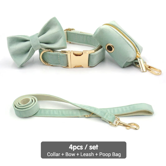 Green Tea Velvet Free Custom Dog Harness Soft Luxury Designer Dog Collar for Small Dogs Personalized Bowtie Collar Lead Poop Bag