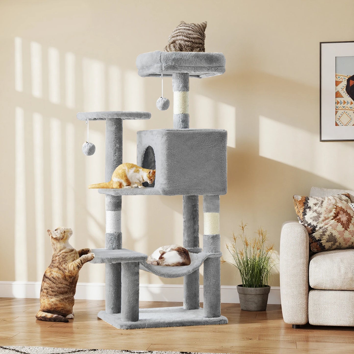 JHK 44In Cat Tree Tall Multi-Cat Climbing Tower for Pet Furniture Natural Sisal Scratching Posts Stable Pet House  for Indoor Cat