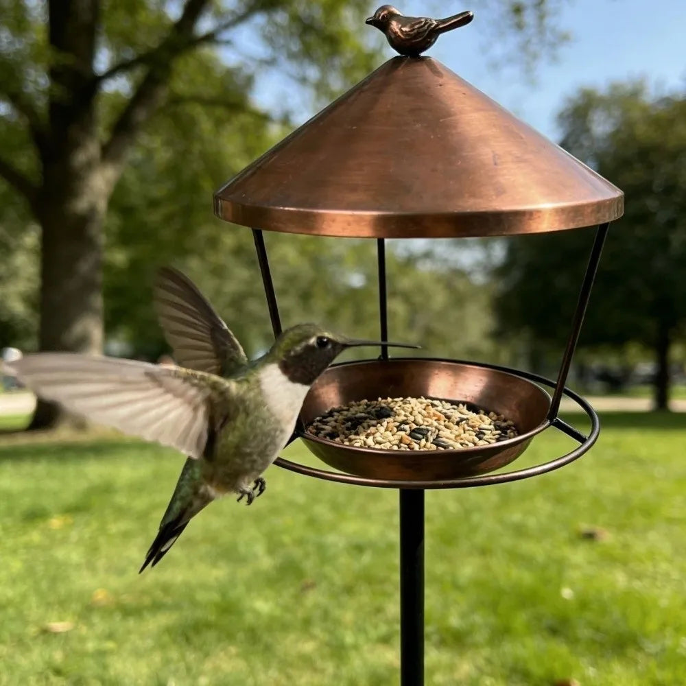 Weatherproof Standing Bird Feeder Spill Guard Large Capacity Wild Bird Feeding Station Anti-Waste Iron Birdbath Stand Courtyard