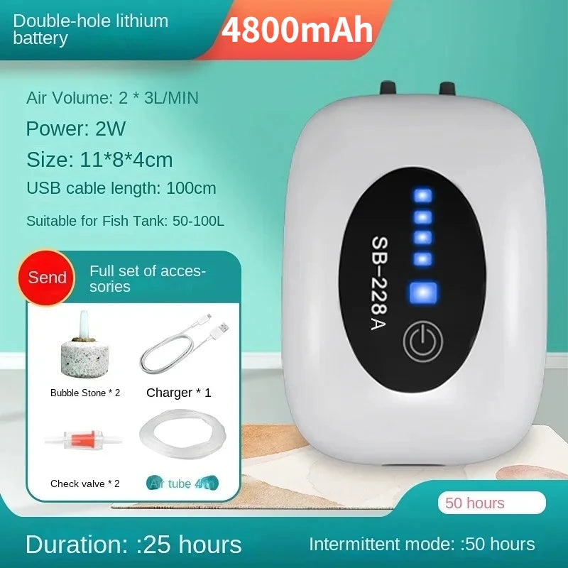 4800mAh Aquarium Oxygen Air Pump Compressor Fish Tank USB Charging Portable Exhaust Ultra Silent Mute Outdoor Fishing Pet
