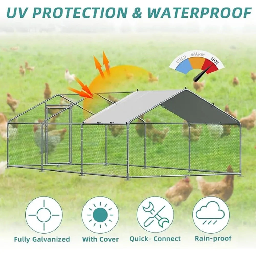 Large Metal Chicken Coop Run, Walk-in Enclosure Poultry Hen Run House, Spire Shaped Chicken Pen with Waterproof & Anti-UV Cover
