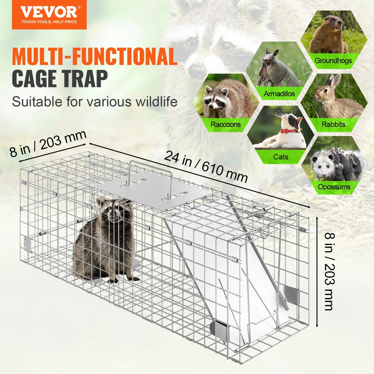 Live Animal Cage Trap Humane Cat Rodent Control Folding with Handle for Rabbits Stray Cats Squirrels Raccoons Groundhogs