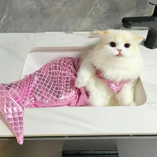 Decorative Cat Mermaid Polyester with Bow Headband Pet Fishtail Swimsuit  Soft Pet Cosplay Costume