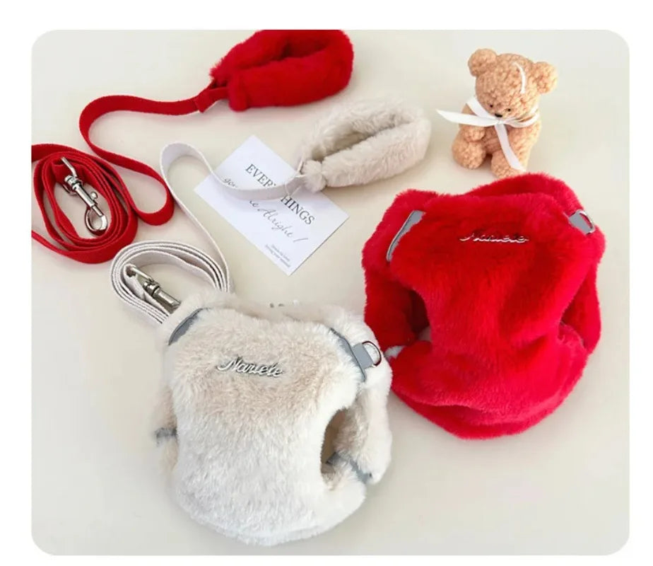 Fashion Pet Rabbit Fur Plush Pet Traction Set Warm Thick Pet Dog Cat Walking Dog Outdoor Teddy Plush Traction Rope Chest Harness