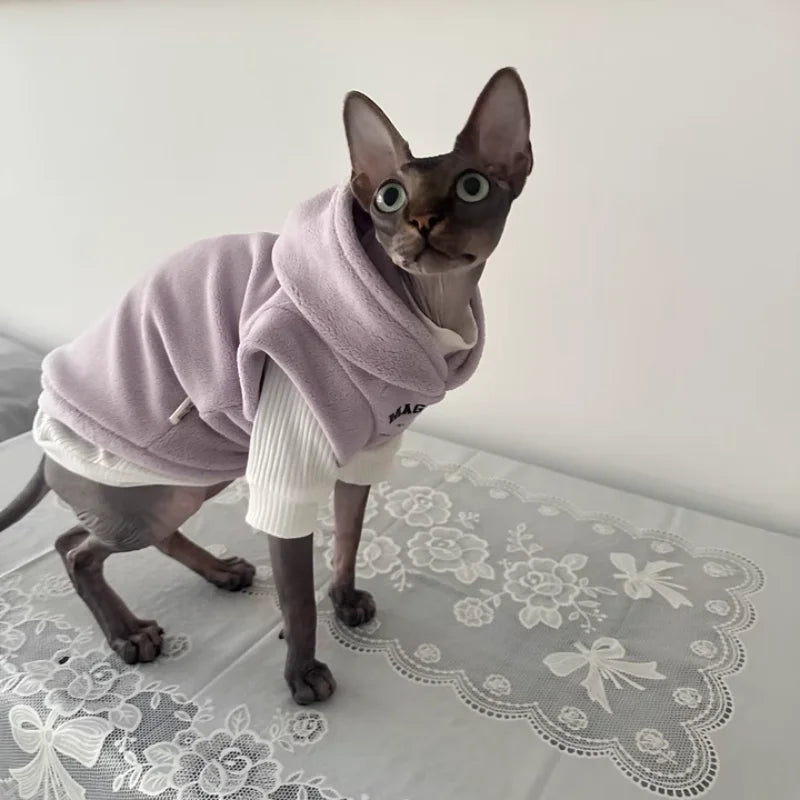 Thick Yellow Fleece Hooded Sweatshirt for Sphynx Cat Grey Short sleeved Coat for Devon Rex in Winter Soft Loungewear for Kittens