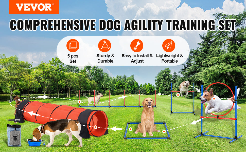 VEVOR Dog Agility Training Equipment 5 PCS Set Upgrade with Adjustable Hurdles Extended Tunnel Puppy Obstacle Course Kit with Bag