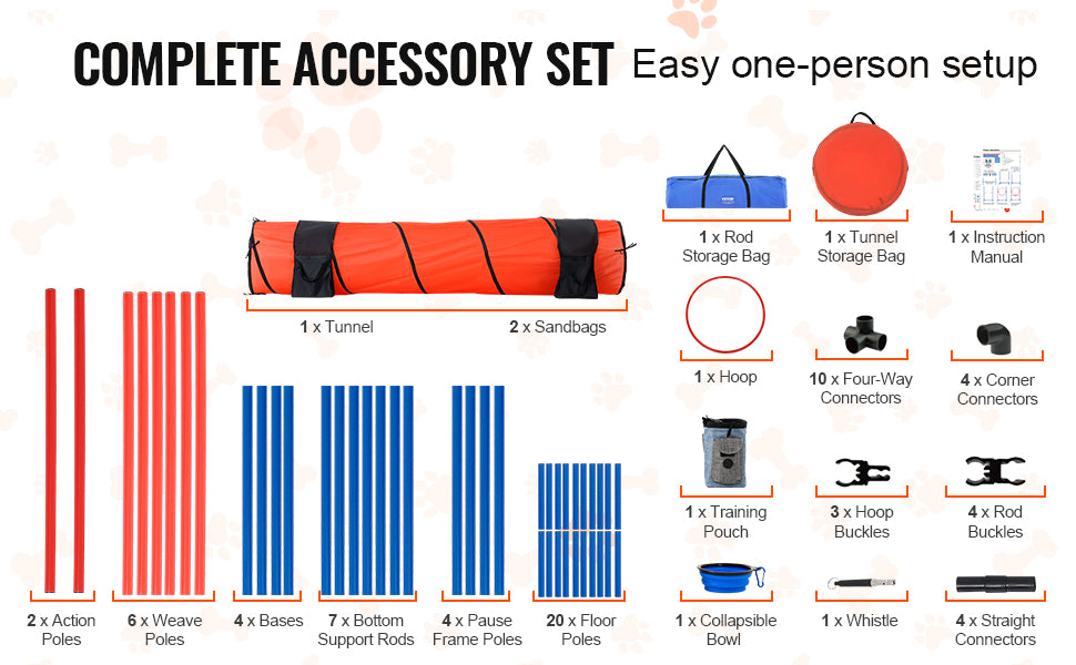 VEVOR Dog Agility Training Equipment 5 PCS Set Upgrade with Adjustable Hurdles Extended Tunnel Puppy Obstacle Course Kit with Bag