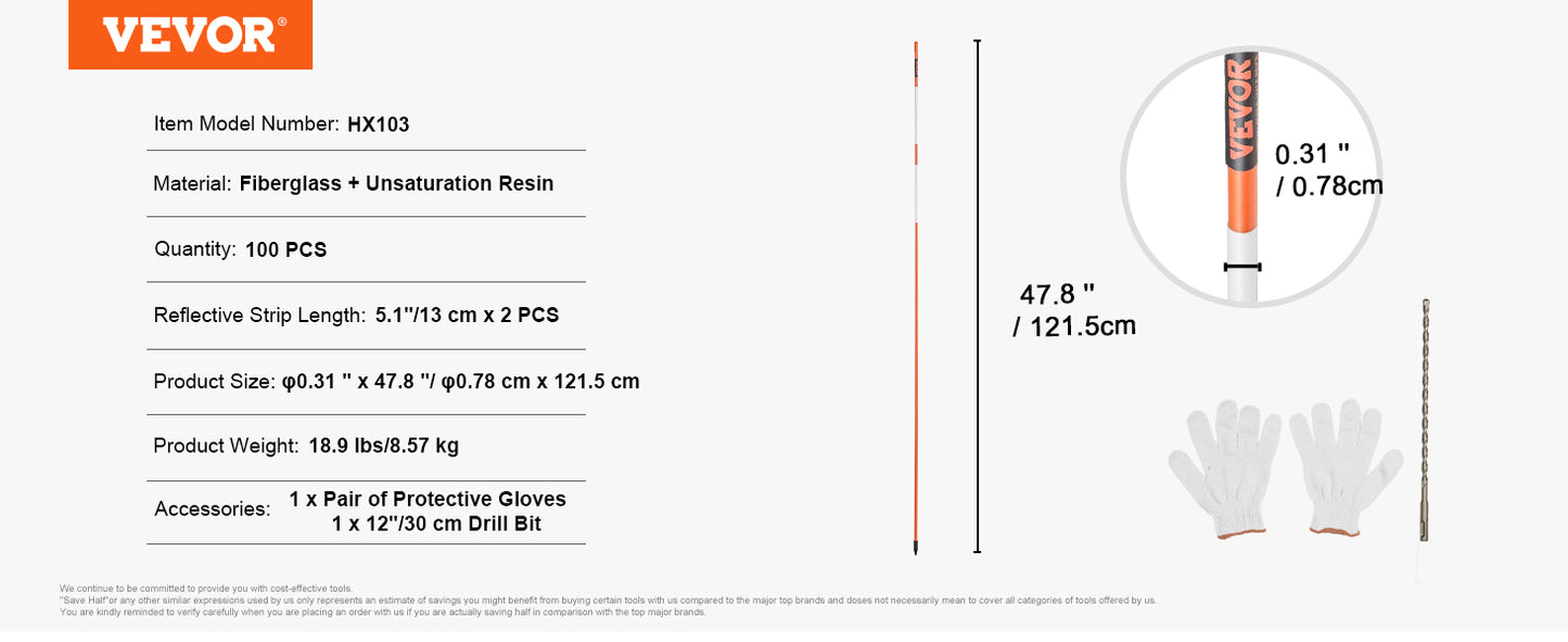 VEVOR Driveway Markers Orange Fiberglass Reflective Poles Easy Visibility Snow Stakes Safety Stand Poles for Parking Lots Walkway
