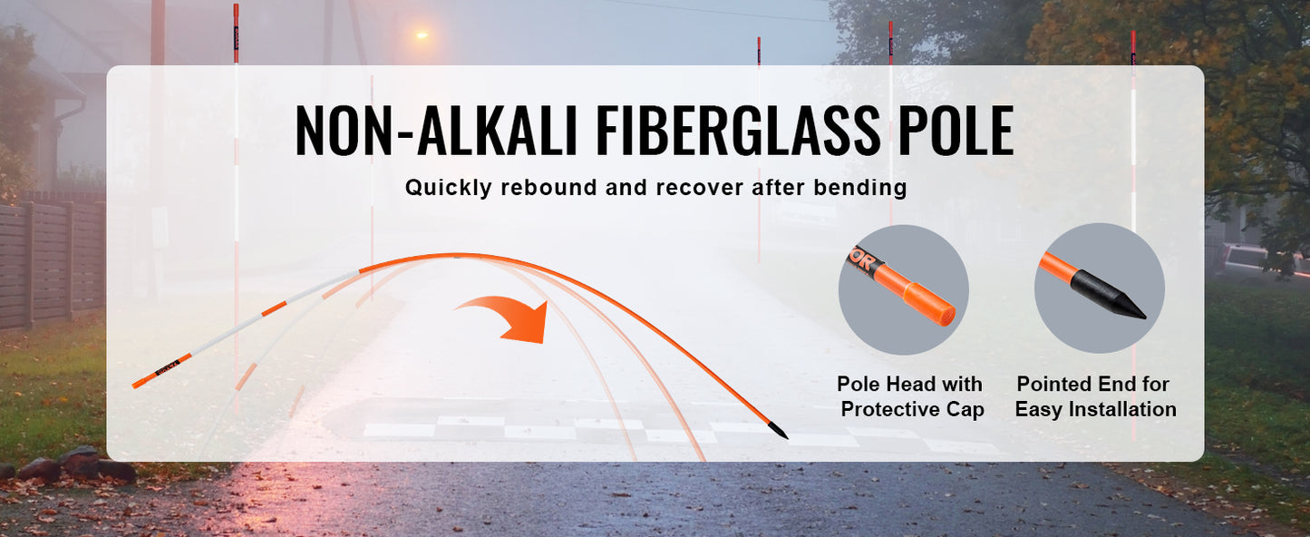 VEVOR Driveway Markers Orange Fiberglass Reflective Poles Easy Visibility Snow Stakes Safety Stand Poles for Parking Lots Walkway